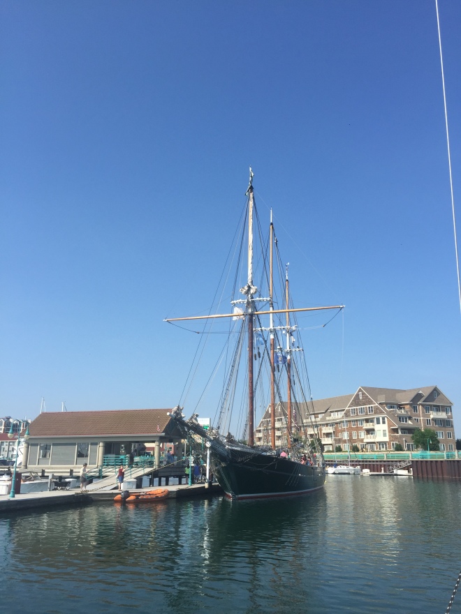 The Denis Sullivan, square rigger tall ship docked at the Racine Harbor for educational and sailing excursions.